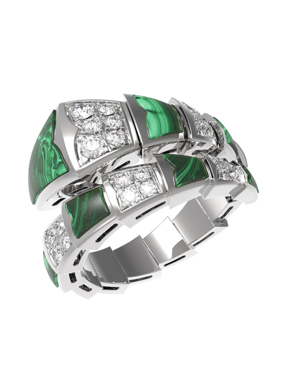 Кольцо из белого золота 585 пробы c бриллиантами и малахитом