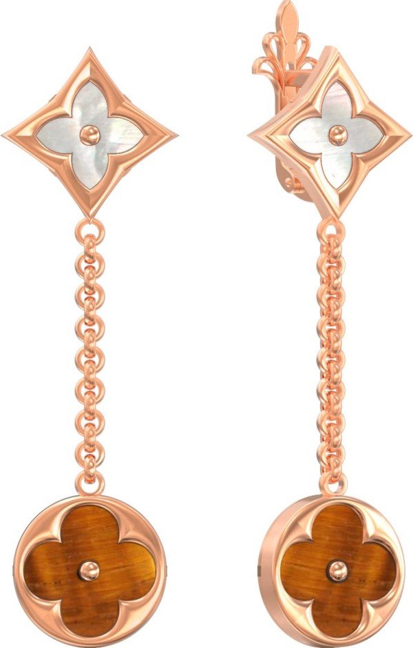 Серьги из золота 585 пробы c тигровым глазом и перламутром