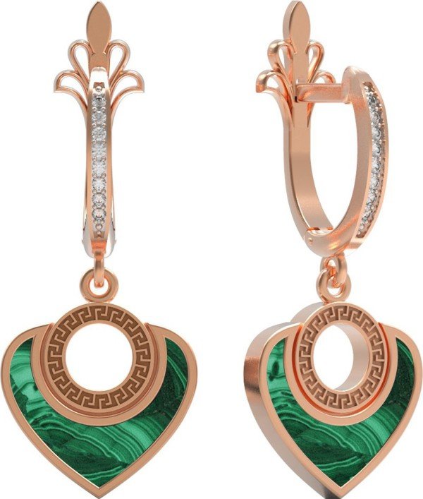 Серьги из золота 585 пробы c фианитом и малахитом