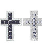 Крест из белого золота 585 пробы c бриллиантами и сапфиром