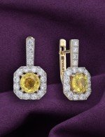 Серьги из лимонного золота 585 пробы c бриллиантами и сапфиром