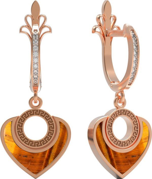 Серьги из золота 585 пробы c фианитом и тигровым глазом