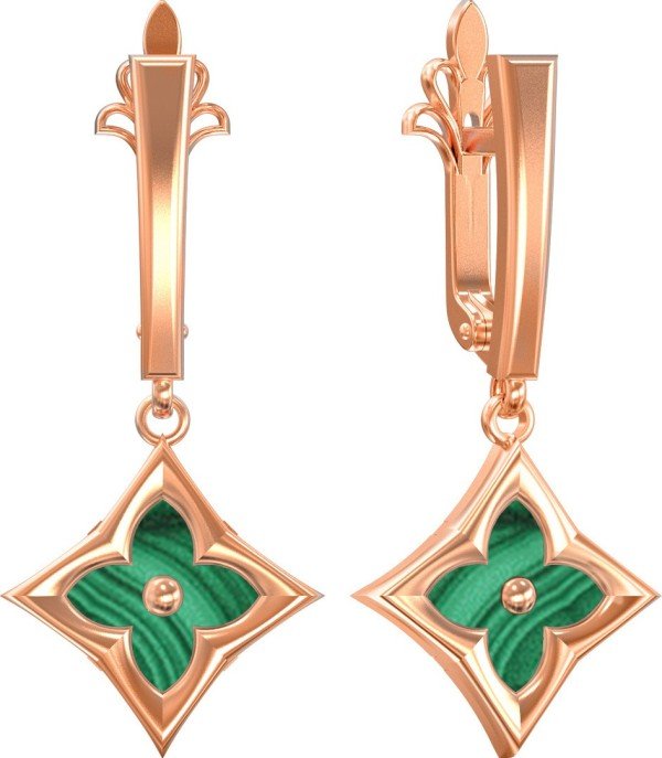 Серьги из золота 585 пробы c малахитом