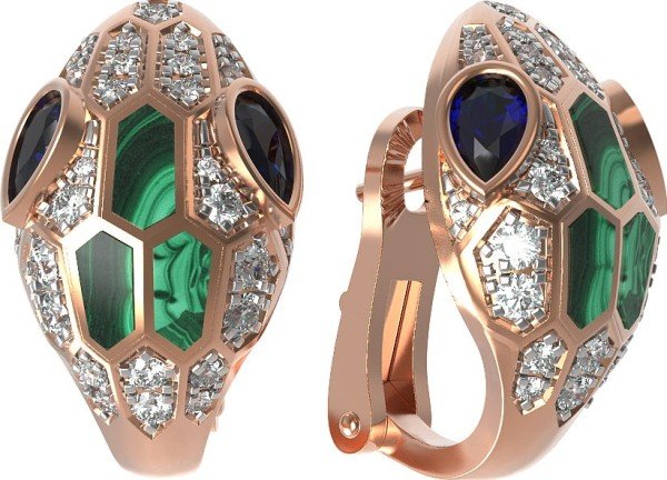 Серьги из золота 585 пробы c бриллиантами, сапфиром и малахитом