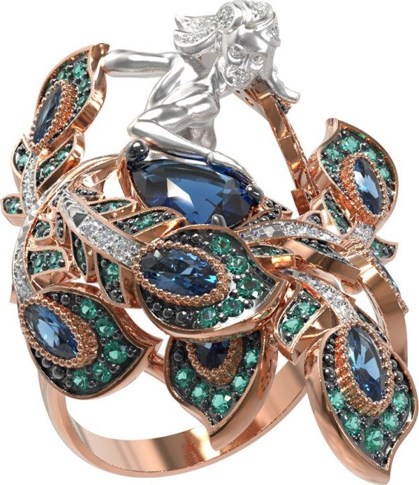 Кольцо из золота 585 пробы c фианитом и топазом London Blue