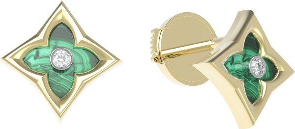 Серьги из лимонного золота 585 пробы c бриллиантами и малахитом