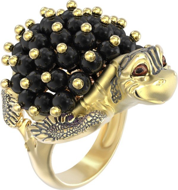Кольцо из лимонного золота 585 пробы c эмалью и ониксом