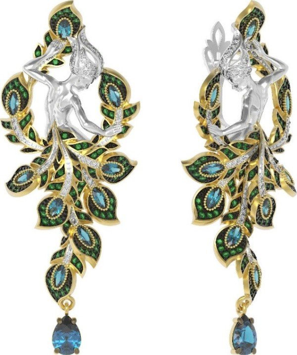 Серьги из лимонного золота 585 пробы c фианитом и топазом London Blue