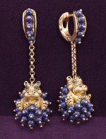 Серьги из лимонного золота 585 пробы c эмалью и лазуритом