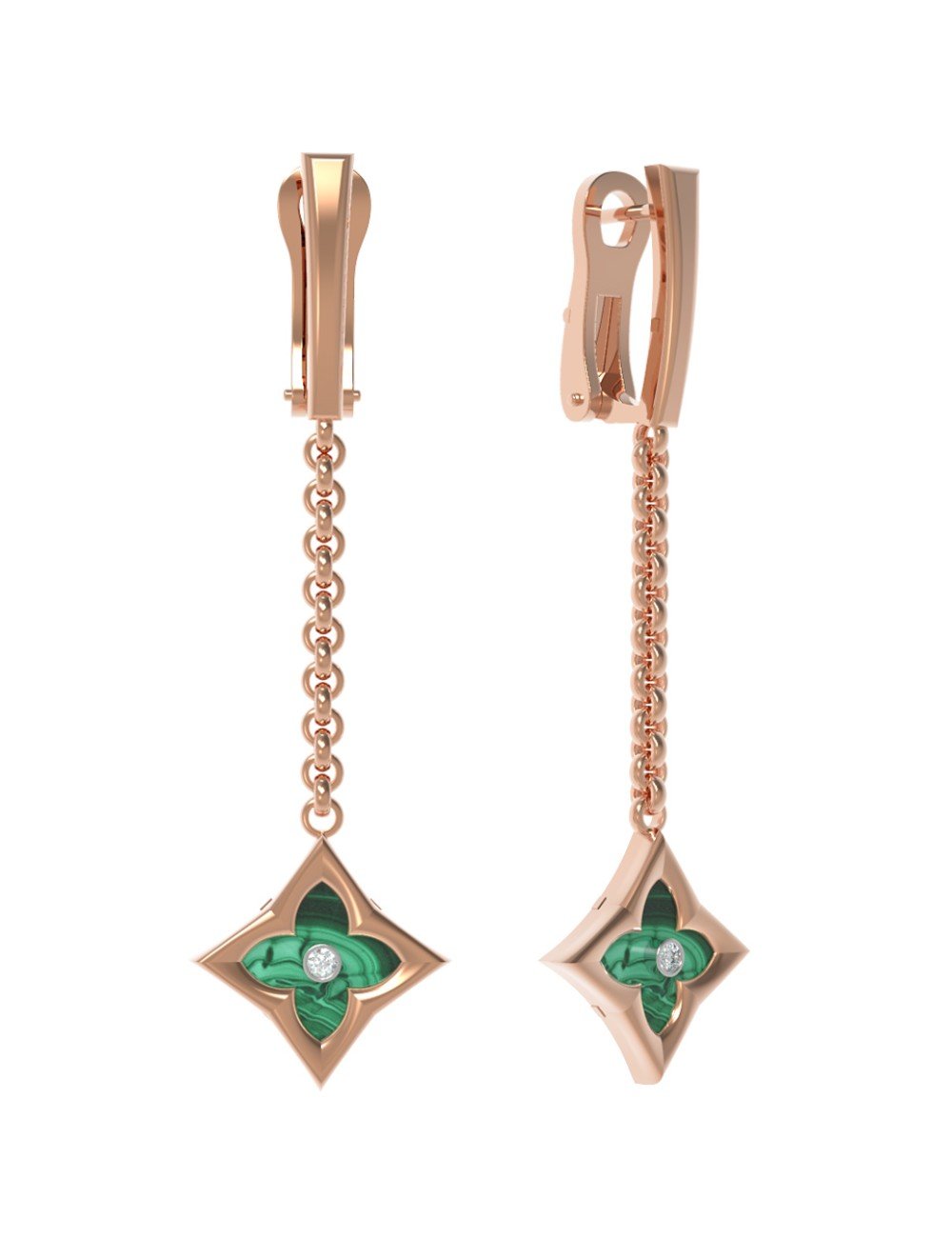 Серьги из золота 585 пробы c бриллиантами и малахитом