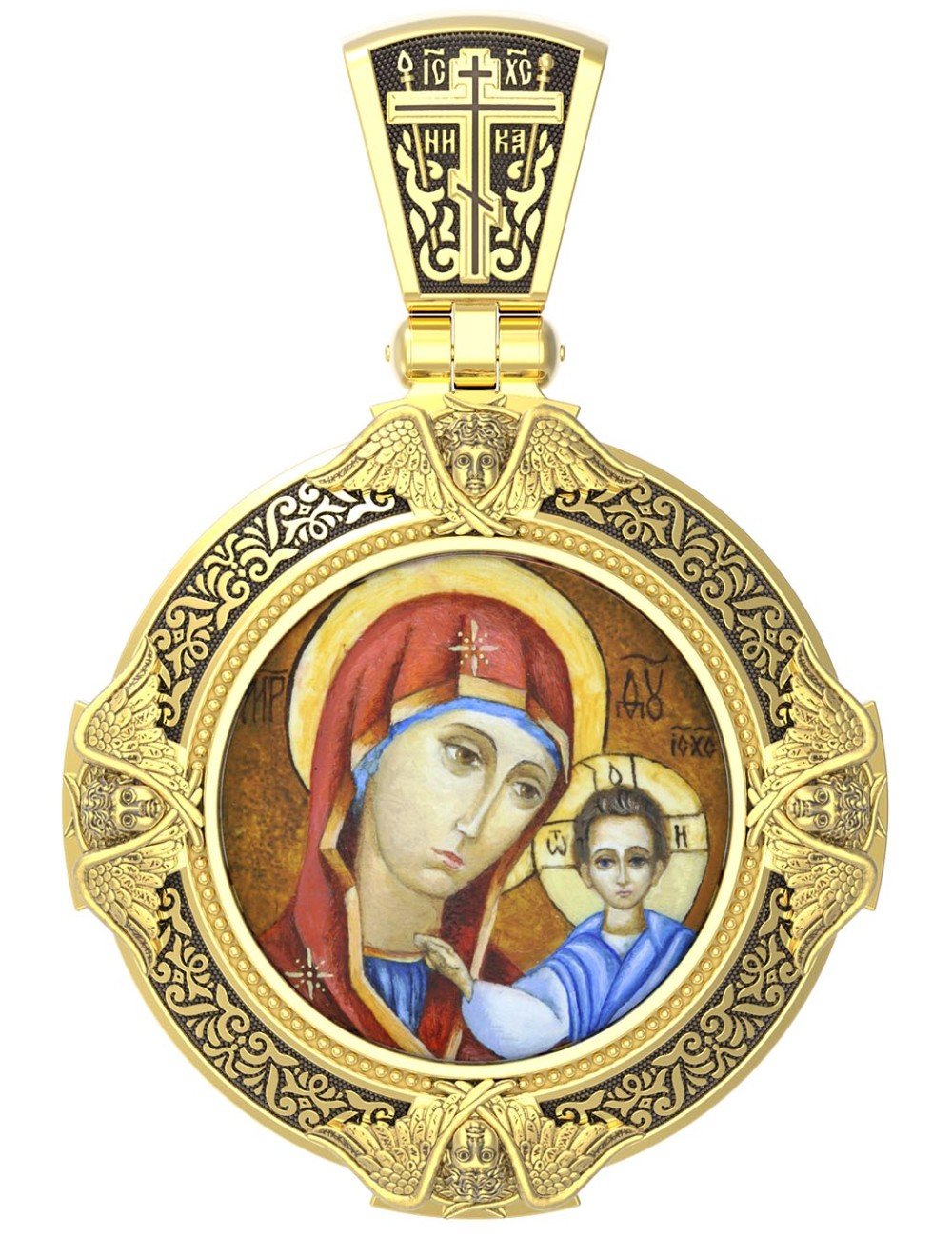 Образок из лимонного золота 585 пробы c эмалью и иконописью