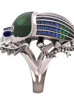Кольцо из белого золота 585 пробы c эмалью, фианитом и сапфиром