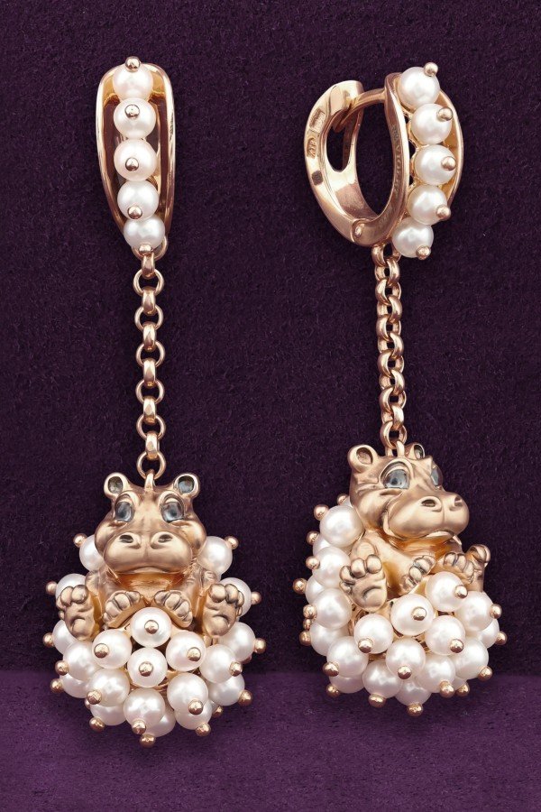 Серьги из золота 585 пробы c эмалью и жемчугом